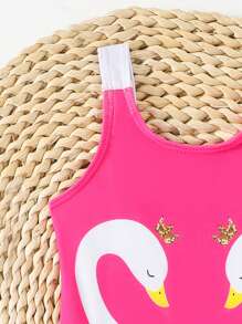 SHEIN Baby Girl Swan Print Ruffled Cute One-Piece Swimsuit For Beach/Swimming - Hot Pink - View 5