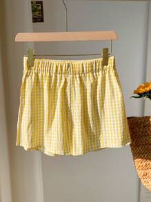 Comfortcana Plus Size Yellow Plaid Wide Leg Loose Holiday Casual Pants, Summer - Yellow - View 2