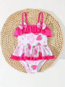 Baby Girl Sweet Strawberry Print Ruffle One-Piece Swimsuit For Beach Vacation, Summer - Pink - View 7