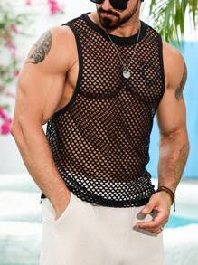 VENTUSAIL Men's Summer Solid Color Mesh Round Neck Sexy Tank Top, Men Tank Top, Holiday - Black - View 5