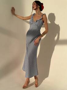 Aloruh 女式休闲格子无袖荷叶边中长连衣裙 - 黑與白 - 查看 6