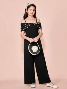 Pitira Pitira Tween Girls' Elegant Black Knit Butterfly Bead Decor Camisole Jumpsuit, Summer - Black - View 7