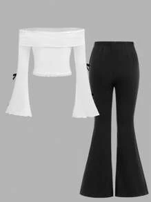 SHEIN Tween Girl Casual Off Shoulder Bow Blouse With Solid Color Flare Pants 2pcs Set - Black and White - View 3