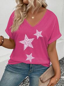 SHEIN T-shirt casual versatile da donna con scollo a V, maniche a polso e stampa a stelle, taglie comode per donne con taglie forti