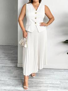SHEIN Privé Conjunto de traje de blazer sin mangas minimalista de moda + falda larga plisada, conjunto de traje talla grande