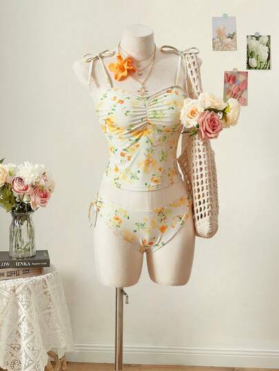 SHEIN MOD Set de traje de baño de 2 piezas con estampado floral, con tirantes, Bottom con pliegues delanteros y cordón lateral para verano y vacaciones en la playa