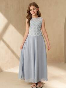 SHEIN Tween Girl Floral Lace Crew Neck Top And Mini Skirt 2 Pieces Set - Dusty Blue - View 1