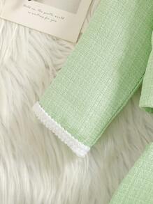 SHEIN 2 件女婴优雅花卉蕾丝夹克和褶皱迷你裙套装，粗花呢夹克搭配白色蝴蝶结可爱服装，春秋季 - 綠色 - 查看 4