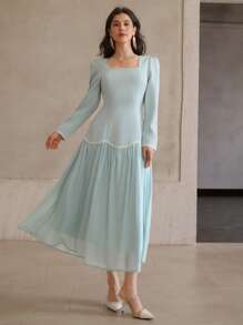 DAZY 女式二合一亮片蕾丝边中长连衣裙女式休闲连衣裙女式连衣裙生日工作秋季连衣裙女式加大太阳裙女式加大服装商务休闲长袖连衣裙