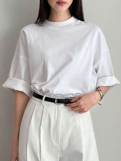 Dazy-Less Loose Casual Plain Minimalist Short Sleeve T-Shirt For Women Old Money Style Business Casual Women Oversized T-Shirt Preppy Tops