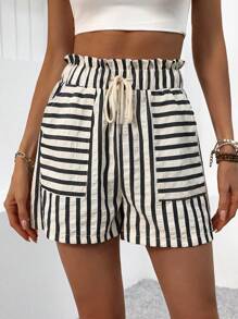 SHEIN Tall Women's Casual Drawstring Tie Waist Pockets Straight Leg Shorts - Multicolor - View 1