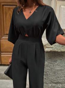 EURMUSE Women's Solid Color V-Neck Batwing Sleeve Waist Hollow Out Pleated Jumpsuit Women S Clothes Women Summer Clothing Women Summer Sets