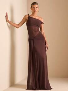 SHEIN BAE Đầm Maxi Lưới Xoắn Ruy Băng Bất Đối Xứng Vai Xiên Cho Kỳ Nghỉ Biển Mùa Hè Dành Cho Nữ - màu nâu - Xem 3