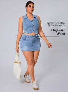 SHEIN Essnce Plus Size Women Fitted Minimalist Denim Jacket - Blue - View 9