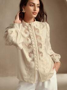 Anewsta French Elegant Lace Floral Patchwork Long Sleeve Modest Blouse, Spring For Women - Beige - View 1