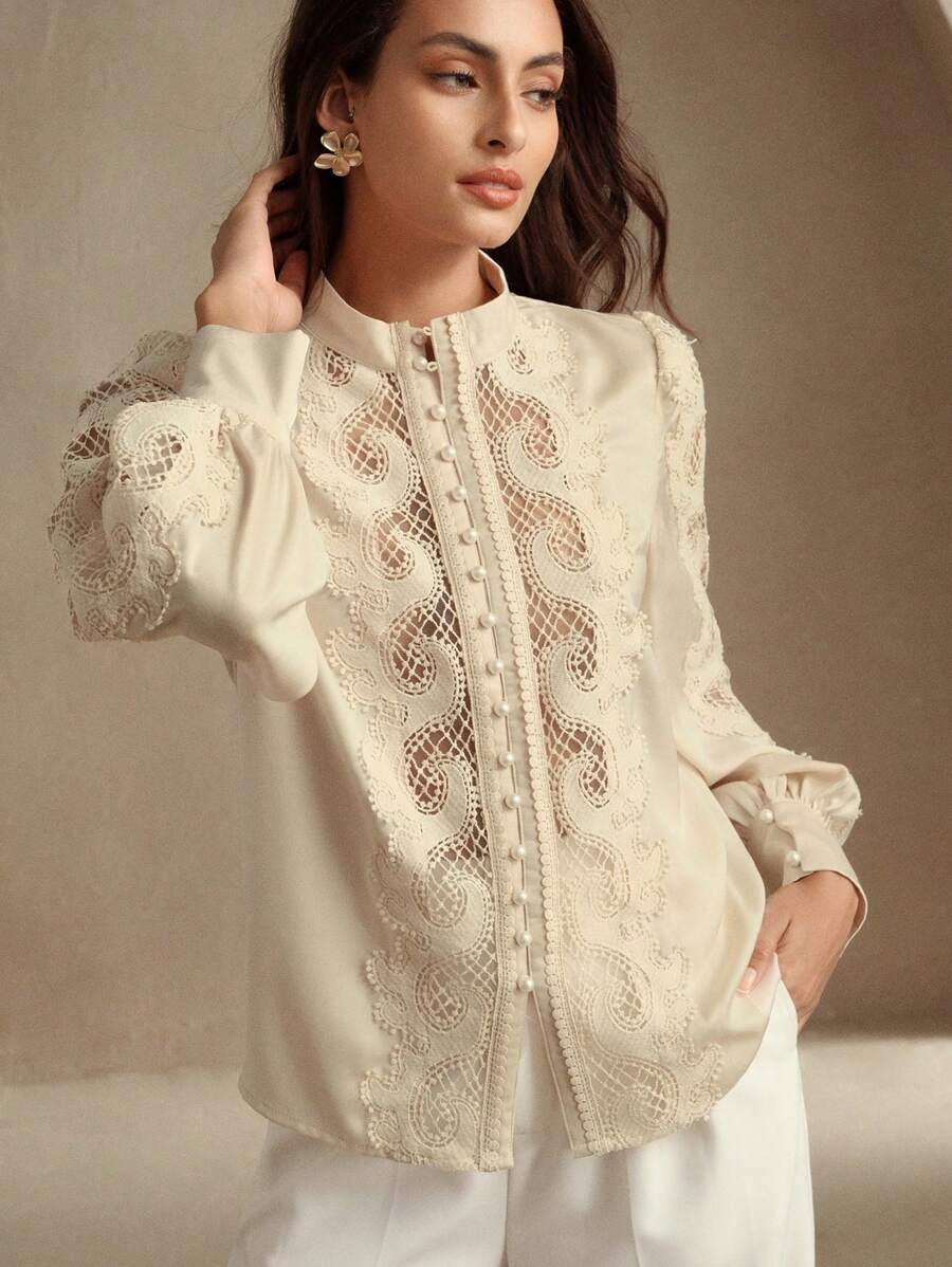 Anewsta French Elegant Lace Floral Patchwork Long Sleeve Modest Blouse, Spring For Women - Beige - View 1