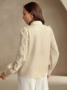 Anewsta French Elegant Lace Floral Patchwork Long Sleeve Modest Blouse, Spring For Women - Beige - View 2