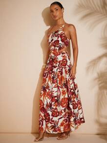 Hauture Vacation Casual Full Print Asymmetric Neck Backless Dress - Multicolor - View 3