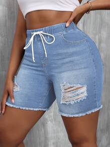 SHEIN SXY Plus Size Casual Vakantie Zomer Denim Shorts met Trekkoord en Elastische Taille