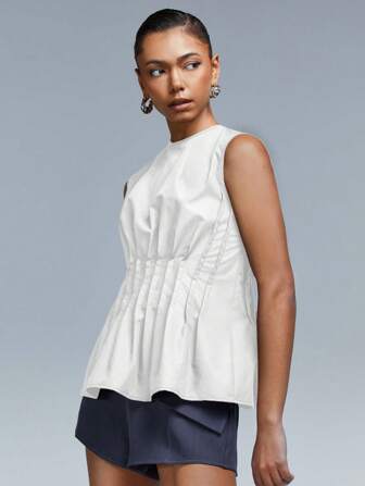 Athîral 女式无袖荷叶边上衣，腰部褶皱，圆领