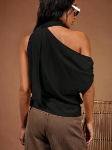 COSMINA Women's Elegant Beige Asymmetrical Shoulder Top, Suitable For Commuting, Spring/Summer Off The Shoulder Top - Black - View 2