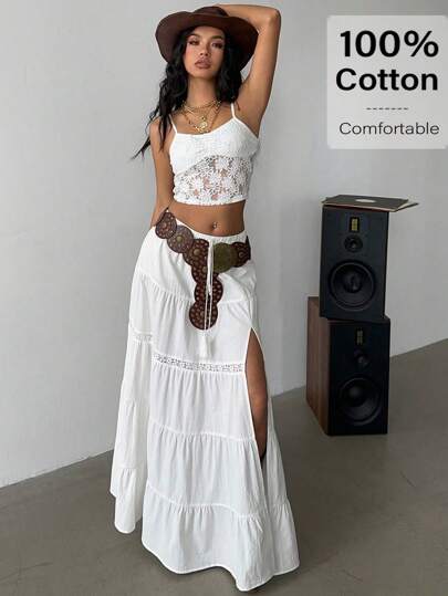 Siren Gaze 2025 波西米亚风女士沙滩裙 - 高开叉亚麻混纺层叠长裙，松紧腰带和蕾丝花边，音乐节必备单品和度假装 | 夏季 A 字裙装，女士夏季服装，女士度假装，女士沙滩装