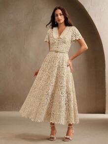 Anewsta Women's V-Neck Cinched Waist Elegant Fitted Lace Midi Dress - Apricot - View 4