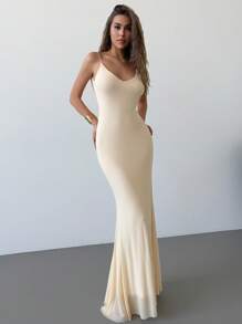 Aloruh 女士勃艮第酒红色浪漫约会派对露背露肩连衣裙 - 杏色 - 查看 5