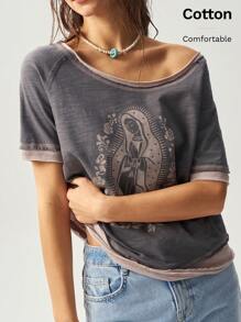 Bohemela BOHO Women's Plain Knitted Round Neck Short Sleeve Top - Apricot - View 1