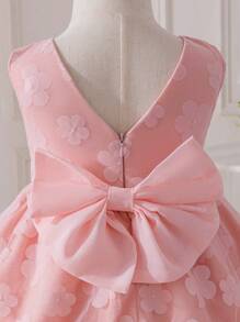 SHEIN Glamorique Kids Baby Girls Party Dress Floral Embroidery Tulle Princess Dress With Bowknot For Party, Wedding, Formal Occasions - Pink - View 6