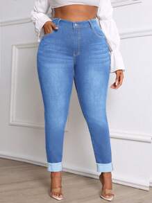 SHEIN CURVE+ Plus Size Women Skinny Distressed Ripped Ankle Jeans Summer Outfits For Women Festival Outfits Elegant Vacation Outfits Woman Casual - Light Wash - View 5