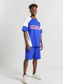 2pcs/Set Teenage Boys' Outdoor Sports V-Neck Short Sleeve Splicing Letter Print Basketball Tee And Running Shorts, Summer - Black and White - View 1