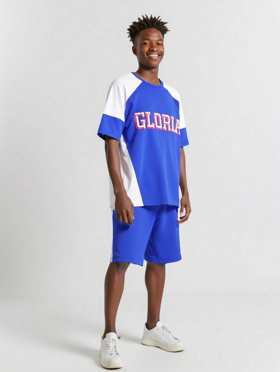 2pcs/Set Teenage Boys' Outdoor Sports V-Neck Short Sleeve Splicing Letter Print Basketball Tee And Running Shorts, Summer - Black and White - View 1