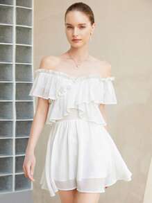 Aveloria New Elegant French Style V-Neck Ruffled Hem Cross-Front Convertible Shoulder Short Dress For Women, Chic And Age-Reducing   Old Money Style For Summer Spring Fall Autumn - White - View 4