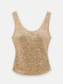 Maija Áo ba lỗ nữ vải sequin vàng mơ không tay, phong cách hiện đại thanh lịch, thiết kế thời trang bắt mắt, lãng mạn mùa xuân/hè, thời trang, đa năng; thích hợp cho kỳ nghỉ hè, thoải mái, phong cách bohemian, trang phục đi biển, đồ bơi che thân, phong cách, thanh lịch, giản dị, trang phục hàng ngày đơn giản - Vàng - Xem 6