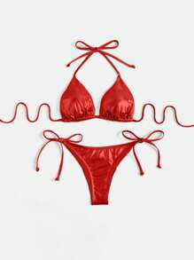 SHEIN Swim Women Solid Halter Neck Tankini Top And Briefs Swimsuit Set - Red - View 5