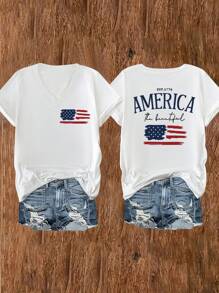 SHEIN LUNE Women Summer Short Sleeve Casual T-Shirt With Letter And American Flag Print - White - View 4