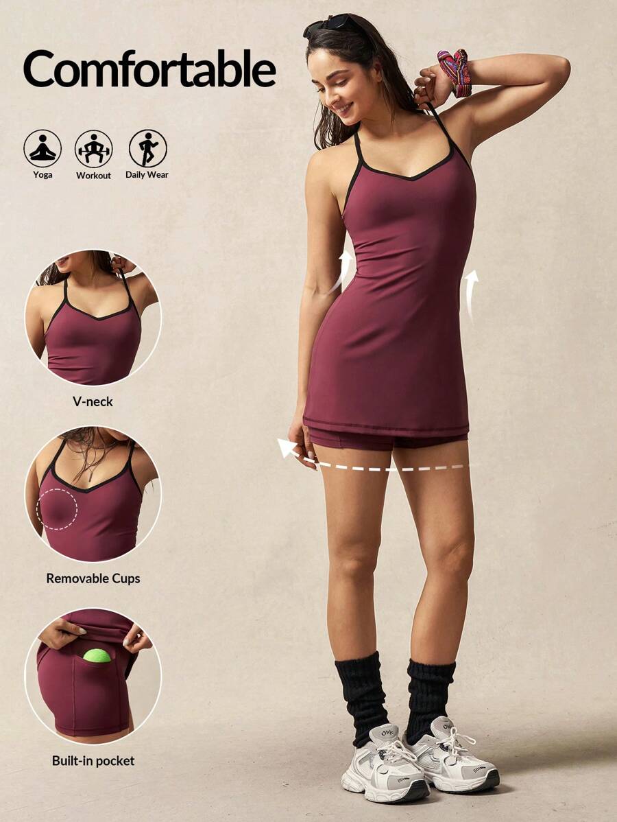 VARSIVA Women's Halter Design Casual Athletic Sports Mini Dress & Shorts - Burgundy - View 1
