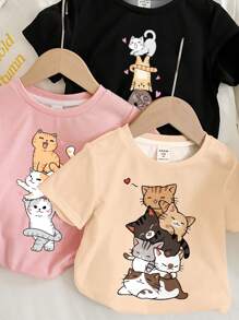 SHEIN Leap Crew Tween Girls Casual Minimalist Cute Cat Graphic Multi-Piece T-Shirt, Suitable For Summer - Multicolor - View 3