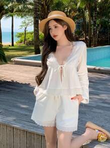 DAZY 2pcs Vacation Style Women Lace Patchwork Cardigan & Shorts Set,Fall Women Clothes