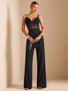 SHEIN BAE Bộ đồ liền thân ống rộng kiểu áo ngực ren gợi cảm màu đen hở lưng mùa hè dành cho nữ, phù hợp cho các buổi đi chơi hàng ngày, hẹn hò, tiệc tùng, tụ tập, đi chơi đêm và kỳ nghỉ ở bãi biển Bộ đồ liền thân thanh lịch - màu đen - Xem 7