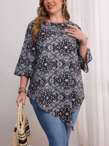 SHEIN VCAY CURVE Camisa casual con estampado y bajo asimétrico para mujer talla grande - Multicolor - Ver 2