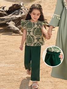 SHEIN Leap Crew 2pcs Young Girl Ditsy Floral Ruffle Collar Top And Wide Leg Pants Set - Green - View 2