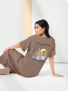 Mulvari 女士字母与仙人掌印花圆领落肩短袖休闲 T 恤连衣裙 - 咖啡 - 查看 3