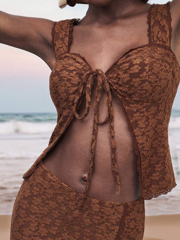 SHEIN Maija 2025 Spring/Summer New Casual Fashionable Holiday Coffee-Color Jacquard Knot Design Comfortable Blouse, Suitable For Music Festival, Beach Vacation, Casual, Romantic City Getaway, Party, Wedding Guest, Vintage, Graduation Season