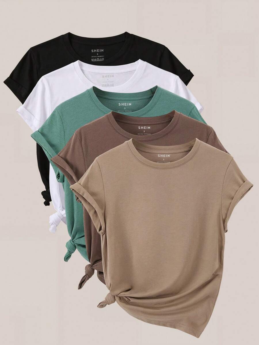 INAWLY 女士夏季休闲纯色短袖T恤，百搭休闲上衣