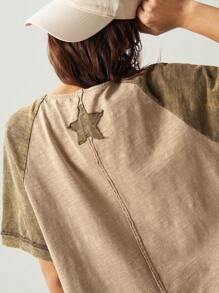 Bohemela Boho Vintage Style Knit Splicing Short Sleeve Half Placket Fitted Washed T-Shirt For Women, Spring Summer