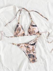 SHEIN Swim 2 Pieces Beaded Strap Ocean Life Print Fashionable Sexy Women's Bikini Swimsuit, Suitable For Beach For Summer Beach Vacation - Multicolor - View 5