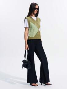 LYSMO Chaleco de punto con escote en V, casual, con patrón de diamantes estilo universitario para mujeres