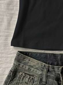 INAWLY Áo thun nữ cổ tròn tay ngắn in hình mèo vừa vặn - màu đen - Xem 3